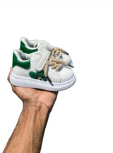 green and white teddy bear shoes with tan rope laces